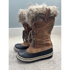 Sorel Joan Of Arctic Waterproof Suede Snow Boots Brown Black Faux Fur Cuff Sz 8